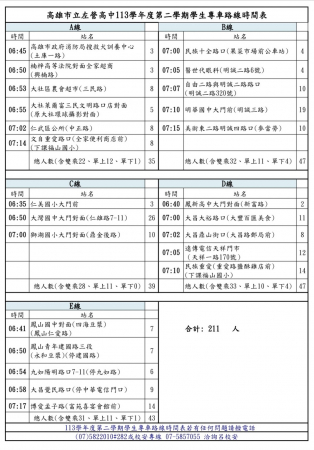 2/10更新 [校車資訊] 113學年第2學期學生交通車座位表/路線時間及搭乘學生名冊(ABCDE計併車5線)的顯示圖片