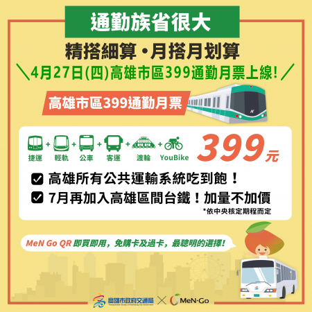 歡迎全校師生使用「高雄市區通勤月票399元方案」的顯示圖片