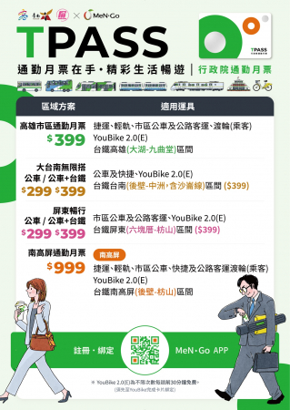 「高雄市區通勤月票399元方案」或「南高屏生活圈月票999元方案」推廣的顯示圖片