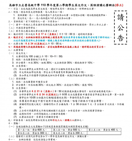 110學年度第二學期校內英文作文演講比賽開始報名的顯示圖片