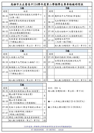 [2/11更新]114學年第2學期學生專車座位表/路線時間及搭乘學生名冊(ABCDE計5線)