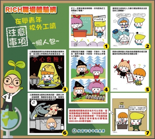 「在學青年校外工讀注意事項」及「宣導懶人包EDM」, 請校外工讀同學詳讀，避免打工陷井。的顯示圖片